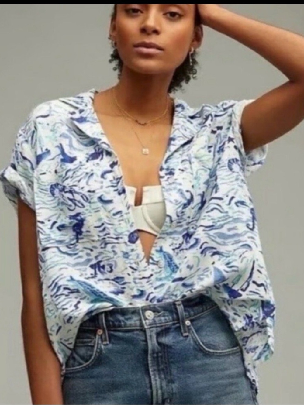 ANTHROPOLOGIE‎ Classic Surf Shirt in Blue Motif Size XXS